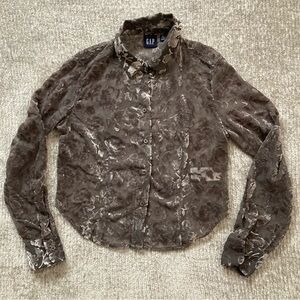 GAP XS Gray Velvet Burnout Floral Blouse Sheer Romantic Goth Cottagecore